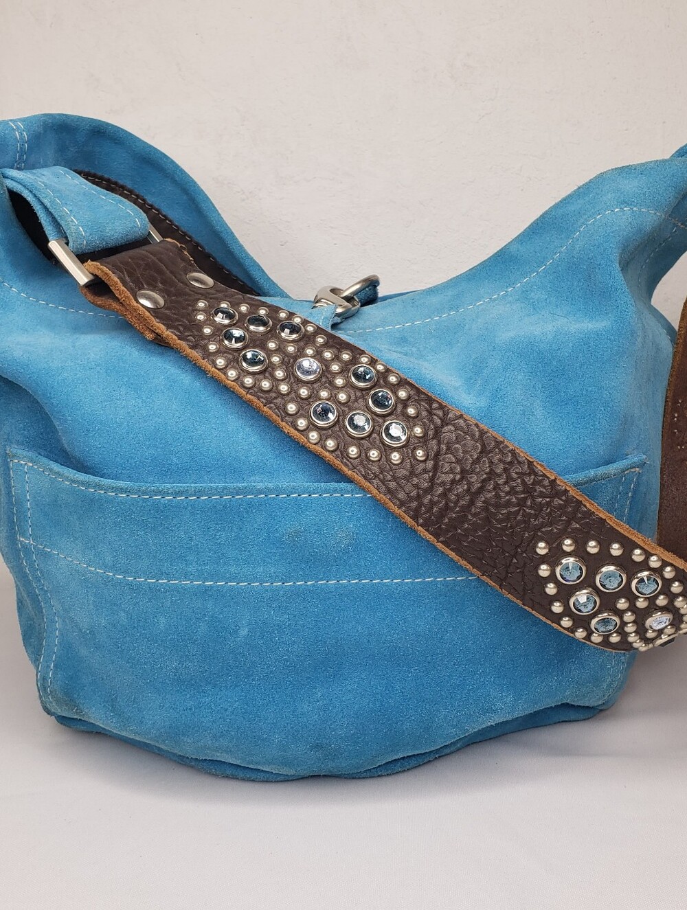 Tylie Malibu Turquoise Suede Shoulder Bag with Studded Brown Strap